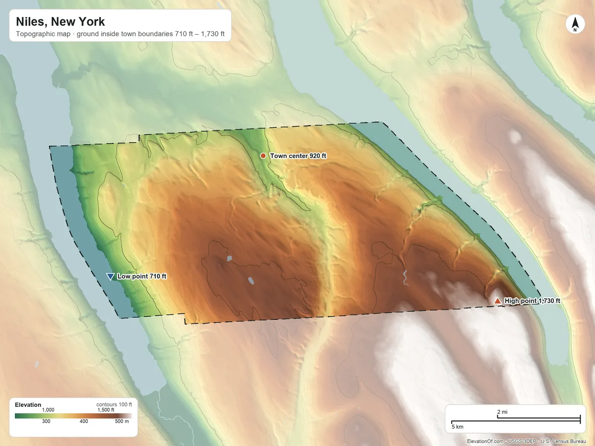 Topographic elevation map of Niles, New York, shaded from 710 ft on the southwest side to 1,730 ft on the southeast side