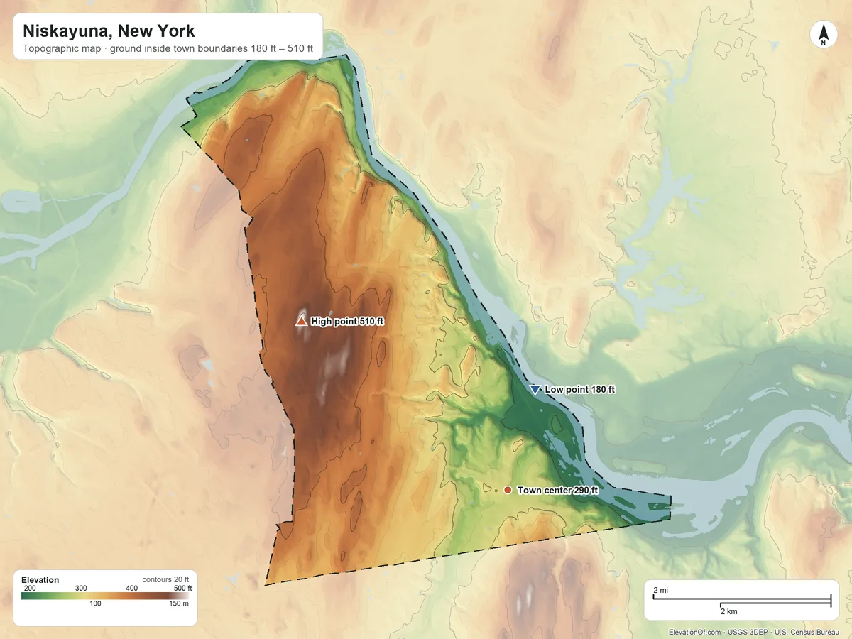 Topographic elevation map of Niskayuna, New York, shaded from 180 ft on the north side to 510 ft on the northwest side