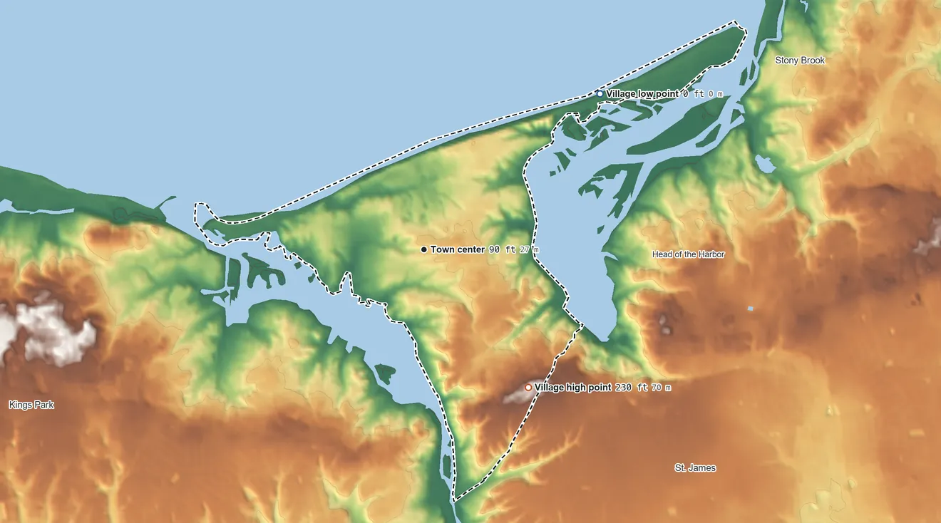 Topographic elevation map of Nissequogue, New York, shaded from sea level level on the Flax Pond to 230 ft on the southeast side
