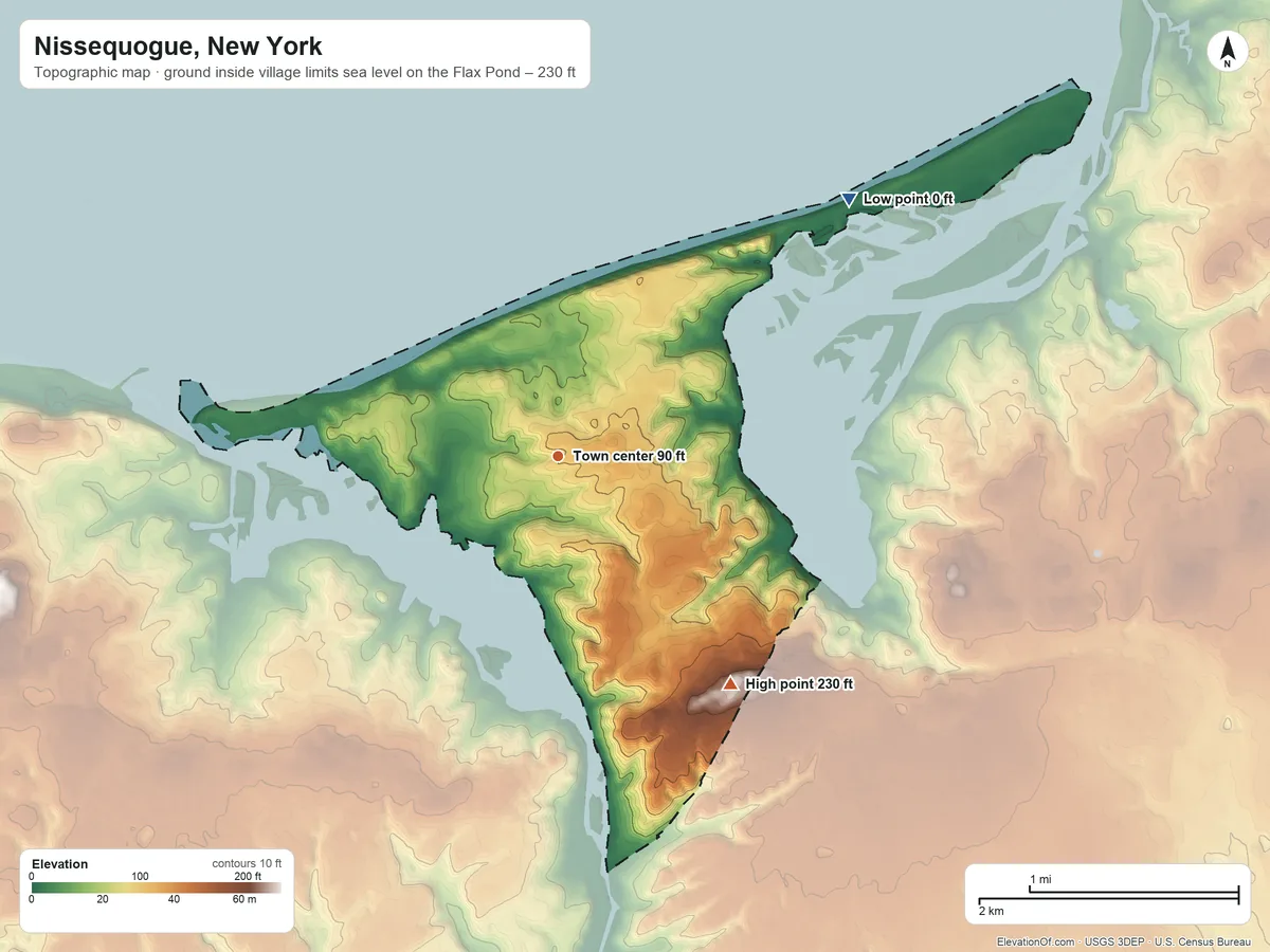 Topographic elevation map of Nissequogue, New York, shaded from sea level level on the Flax Pond to 230 ft on the southeast side
