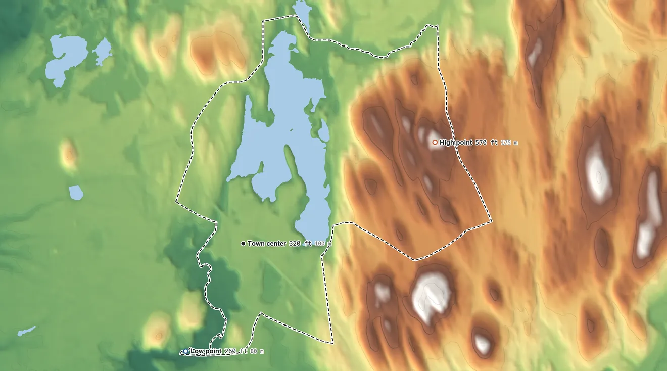 Topographic elevation map of Niverville, New York, shaded from 260 ft on the southwest side to 570 ft on the northeast side