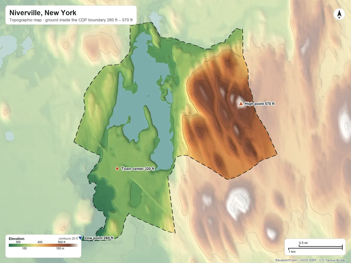 Topographic elevation map of Niverville, New York, shaded from 260 ft on the southwest side to 570 ft on the northeast side