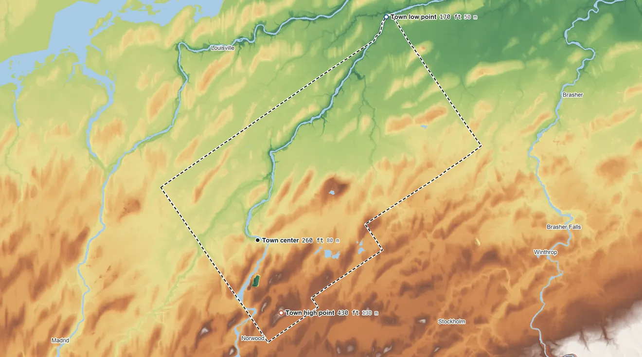 Topographic elevation map of Norfolk, New York, shaded from 170 ft on the northeast side to 430 ft on the south side