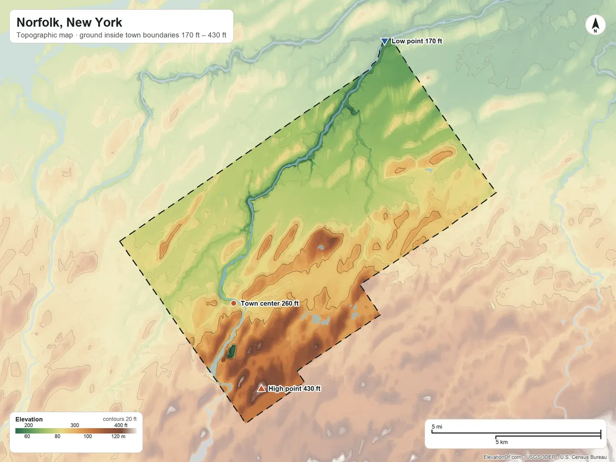 Topographic elevation map of Norfolk, New York, shaded from 170 ft on the northeast side to 430 ft on the south side