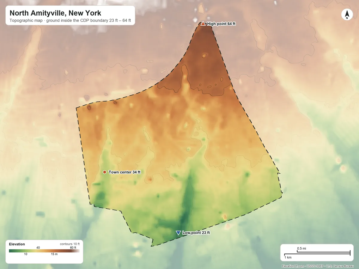 Topographic elevation map of North Amityville, New York, shaded from 23 ft on the southeast side to 64 ft on the northeast side