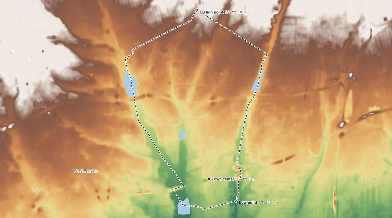 Topographic elevation map of North Babylon, New York, shaded from 12 ft on the southeast side to 59 ft on the north side