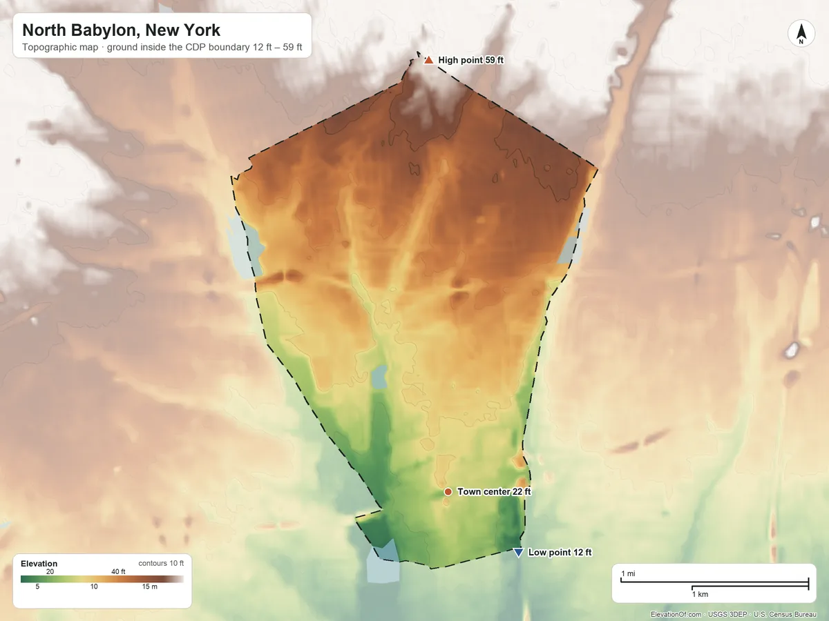 Topographic elevation map of North Babylon, New York, shaded from 12 ft on the southeast side to 59 ft on the north side