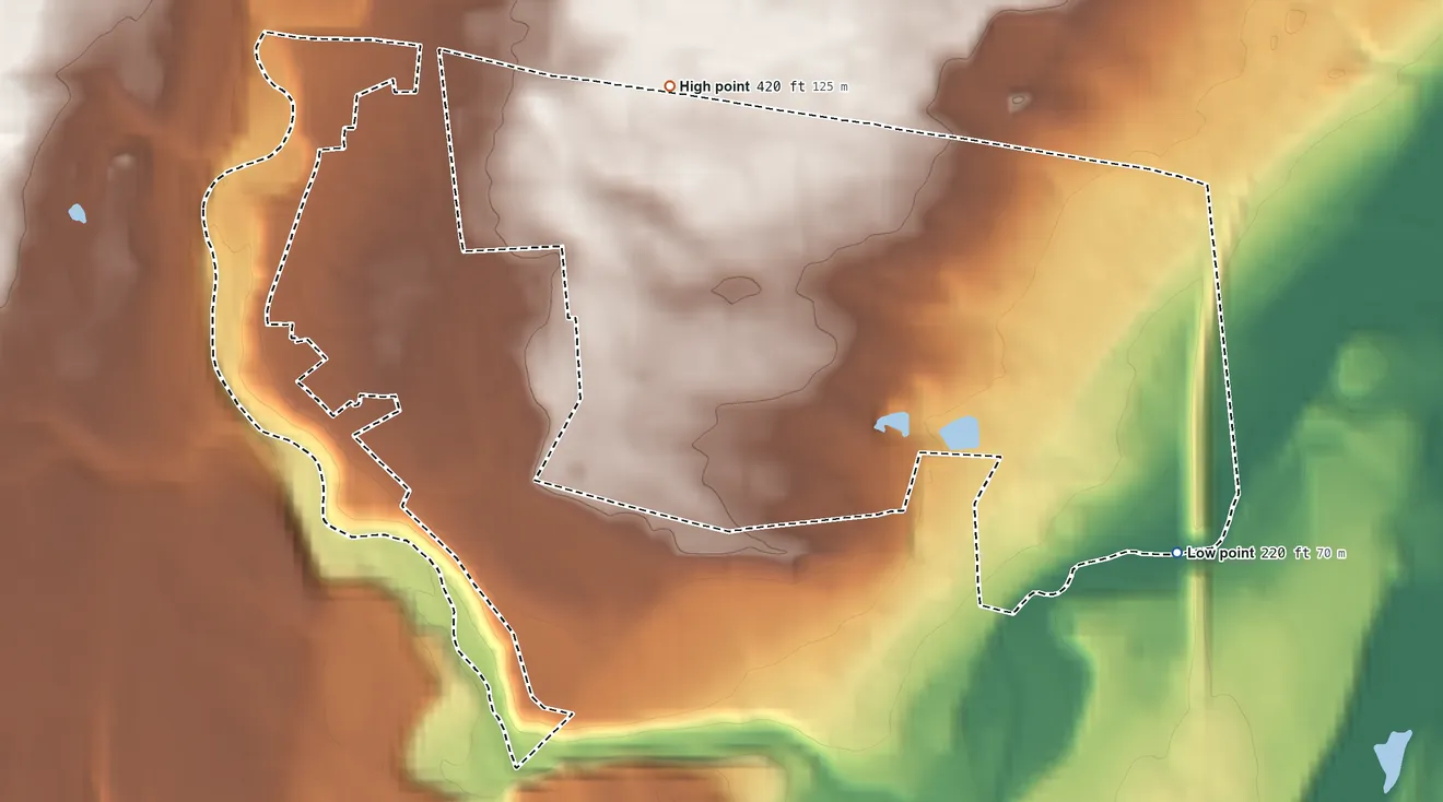 Topographic elevation map of North Ballston Spa, New York, shaded from 220 ft on the southeast side to 420 ft on the north side
