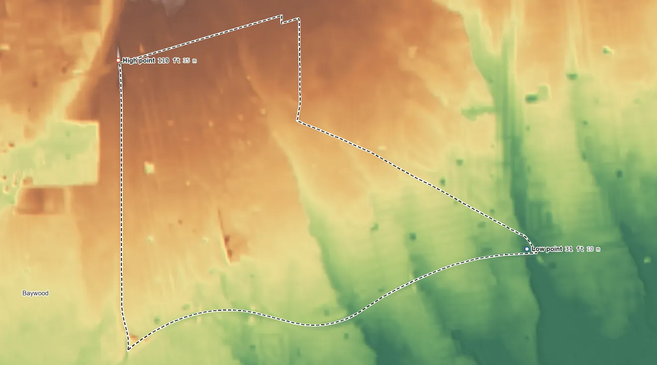 Topographic elevation map of North Bay Shore, New York, shaded from 31 ft on the east side to 110 ft on the northwest side