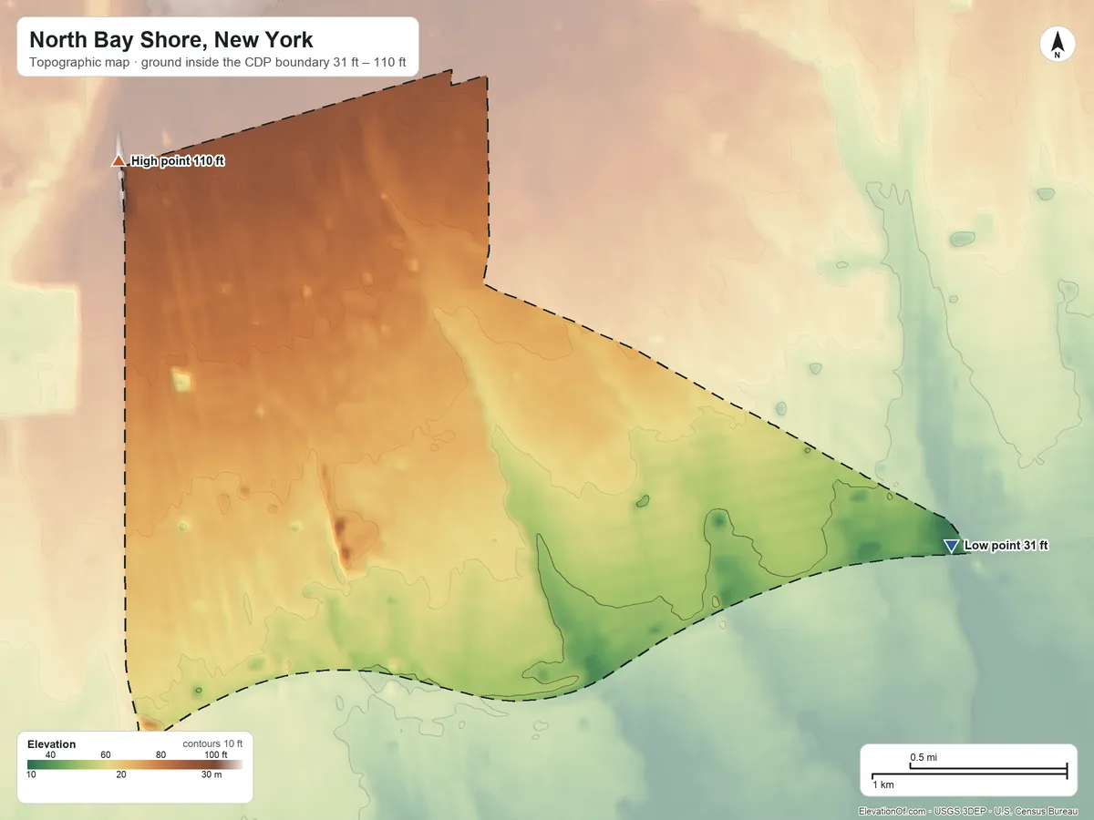 Topographic elevation map of North Bay Shore, New York, shaded from 31 ft on the east side to 110 ft on the northwest side
