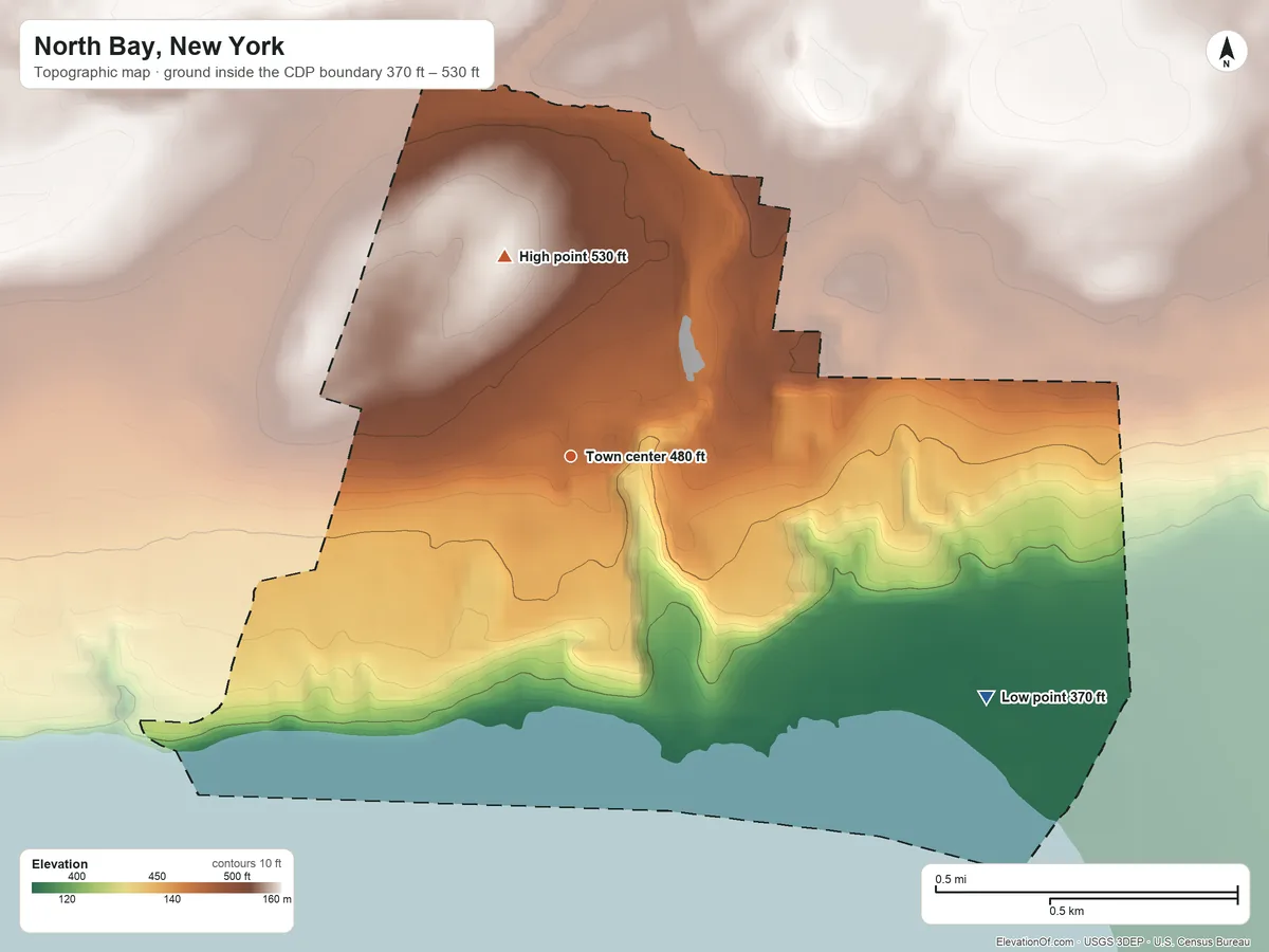 Topographic elevation map of North Bay, New York, shaded from 370 ft on the southeast side to 530 ft on the north side