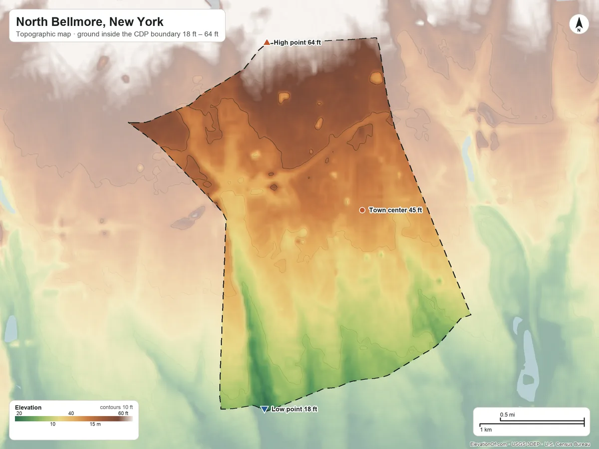 Topographic elevation map of North Bellmore, New York, shaded from 18 ft on the southwest side to 64 ft on the northwest side