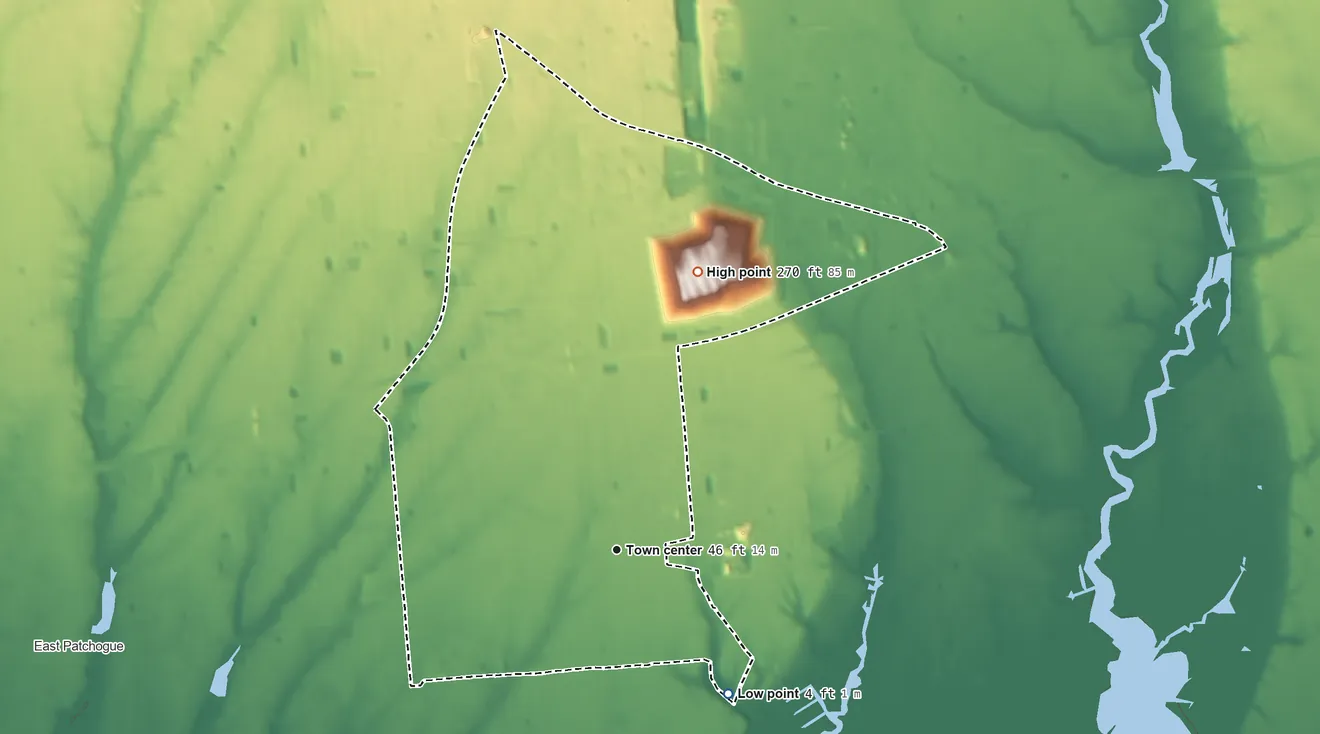 Topographic elevation map of North Bellport, New York, shaded from 4 ft on the southeast side to 270 ft on the north side