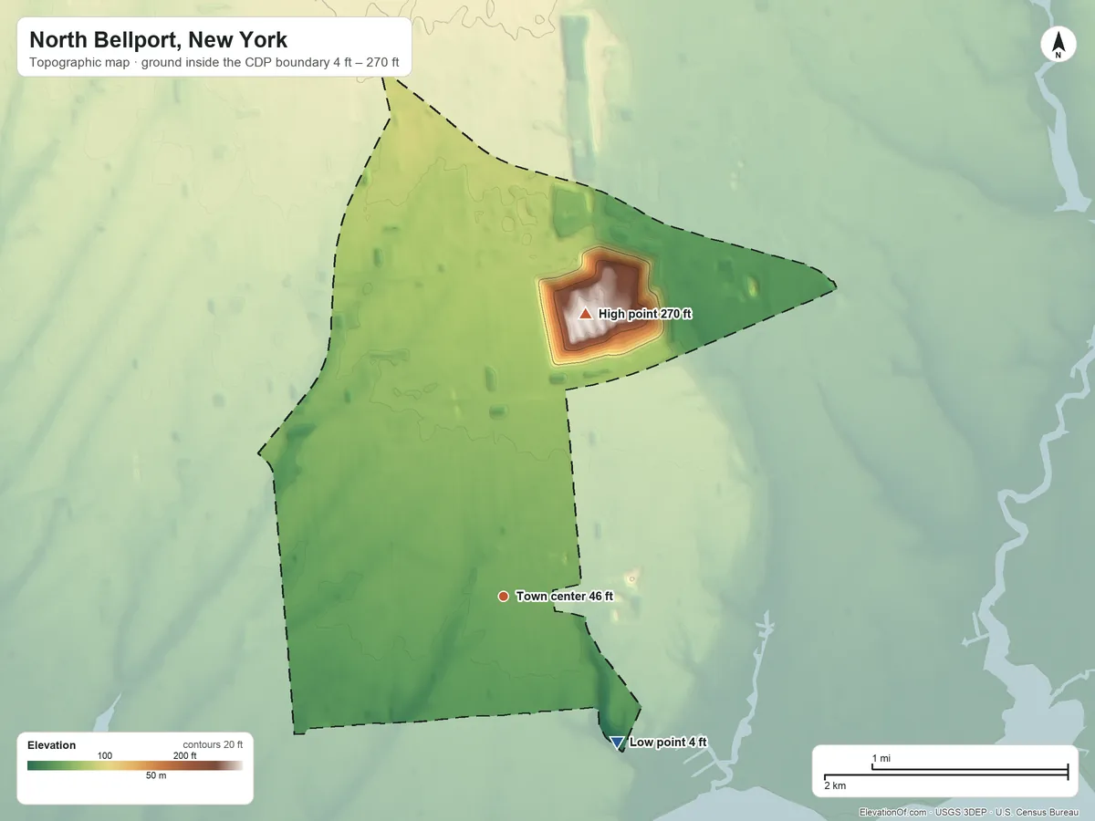 Topographic elevation map of North Bellport, New York, shaded from 4 ft on the southeast side to 270 ft on the north side