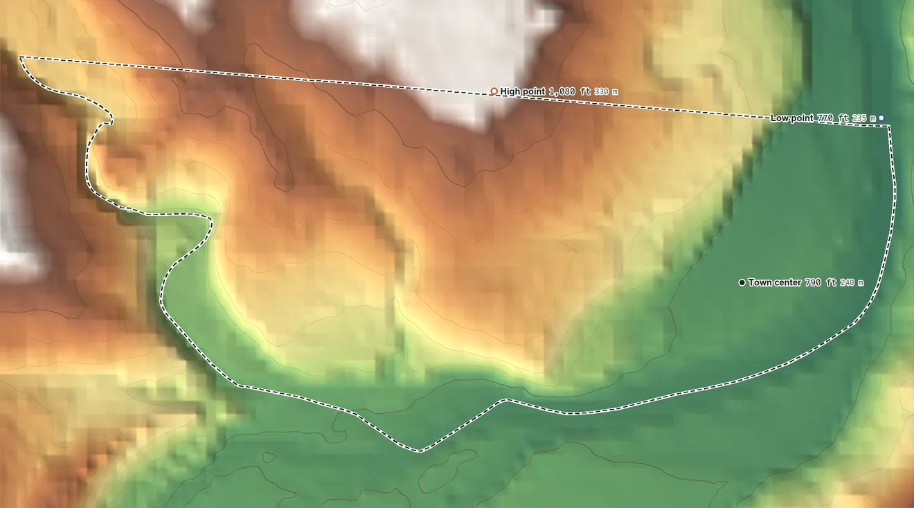 Topographic elevation map of North Blenheim, New York, shaded from 770 ft on the northeast side to 1,080 ft at the foot of the Moresville Range