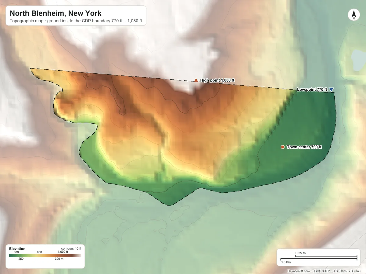 Topographic elevation map of North Blenheim, New York, shaded from 770 ft on the northeast side to 1,080 ft at the foot of the Moresville Range