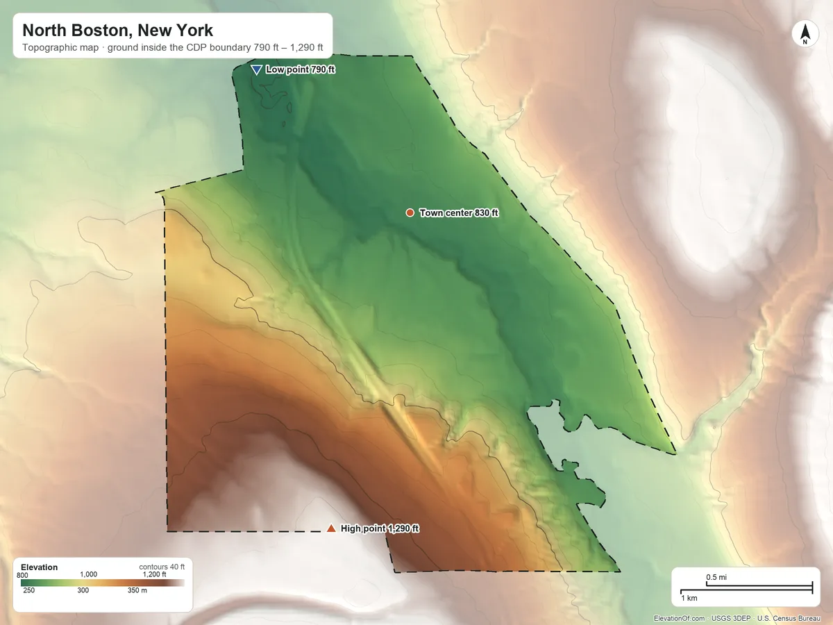 Topographic elevation map of North Boston, New York, shaded from 790 ft on the northwest side to 1,290 ft on the south side