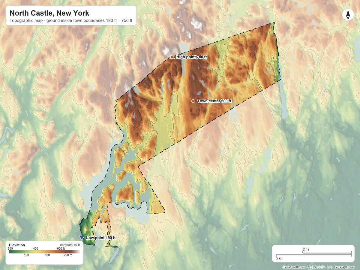 Topographic elevation map of North Castle, New York, shaded from 190 ft on the southwest side to 750 ft on the northwest side