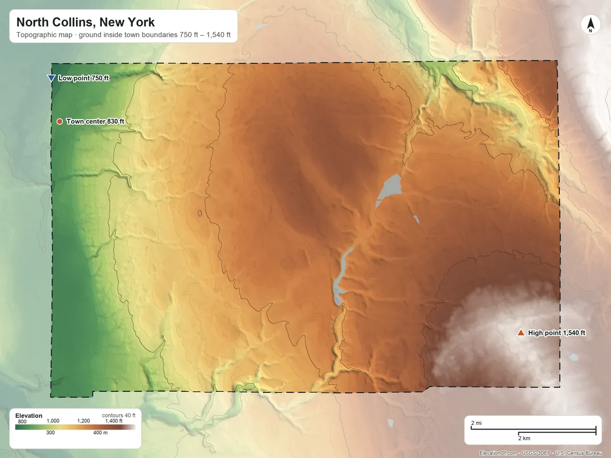 Topographic elevation map of North Collins, New York, shaded from 750 ft near the middle to 1,540 ft on the southeast side
