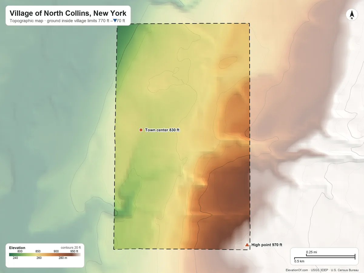 Topographic elevation map of Village of North Collins, New York, shaded from 770 ft on the north side to 970 ft on the southeast side