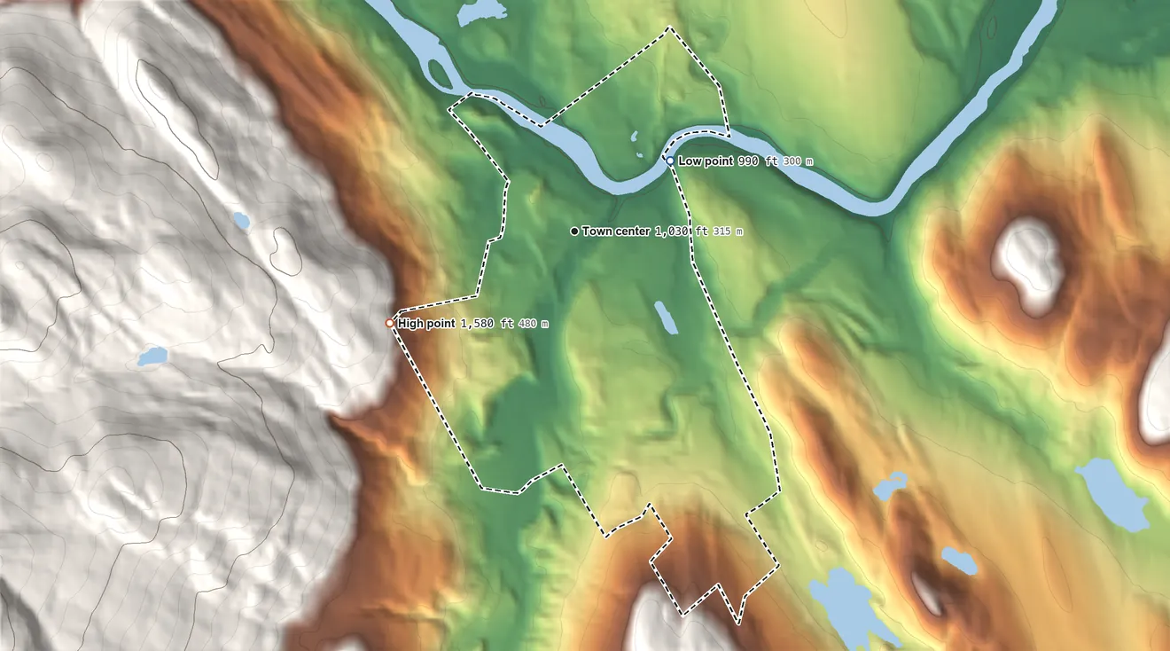 Topographic elevation map of North Creek, New York, shaded from 990 ft on the northeast side to 1,580 ft at the foot of the Big Range