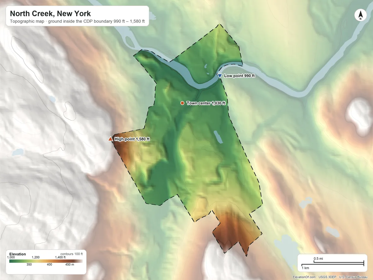 Topographic elevation map of North Creek, New York, shaded from 990 ft on the northeast side to 1,580 ft at the foot of the Big Range