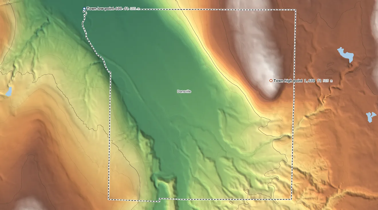 Topographic elevation map of North Dansville, New York, shaded from 600 ft on the northwest side to 1,680 ft on East Hill