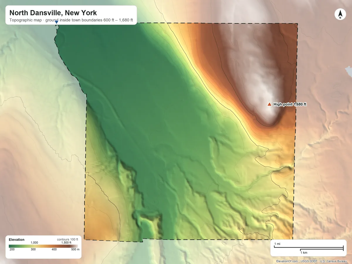 Topographic elevation map of North Dansville, New York, shaded from 600 ft on the northwest side to 1,680 ft on East Hill