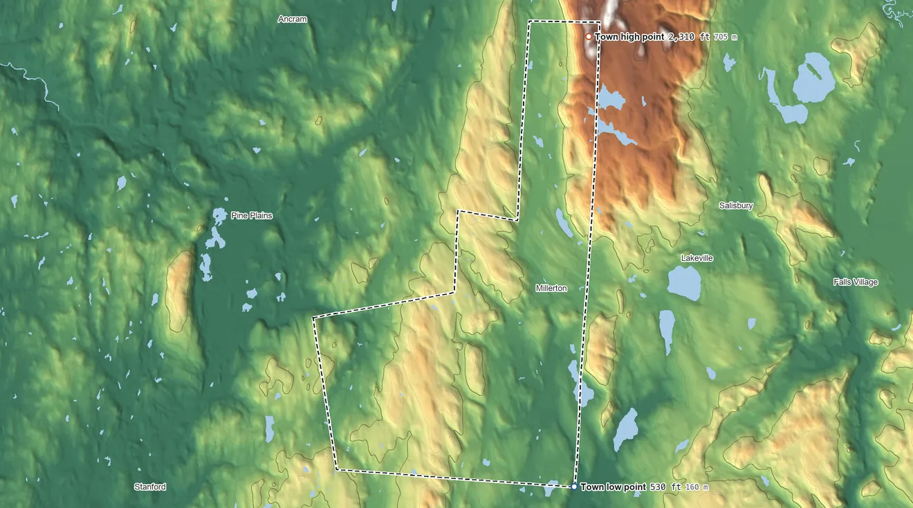 Topographic elevation map of North East, New York, shaded from 530 ft on the south side to 2,310 ft on Brace Mountain