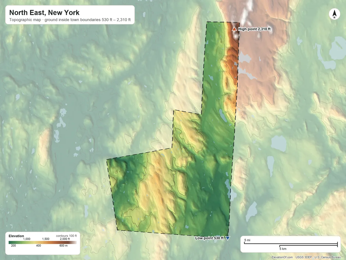 Topographic elevation map of North East, New York, shaded from 530 ft on the south side to 2,310 ft on Brace Mountain
