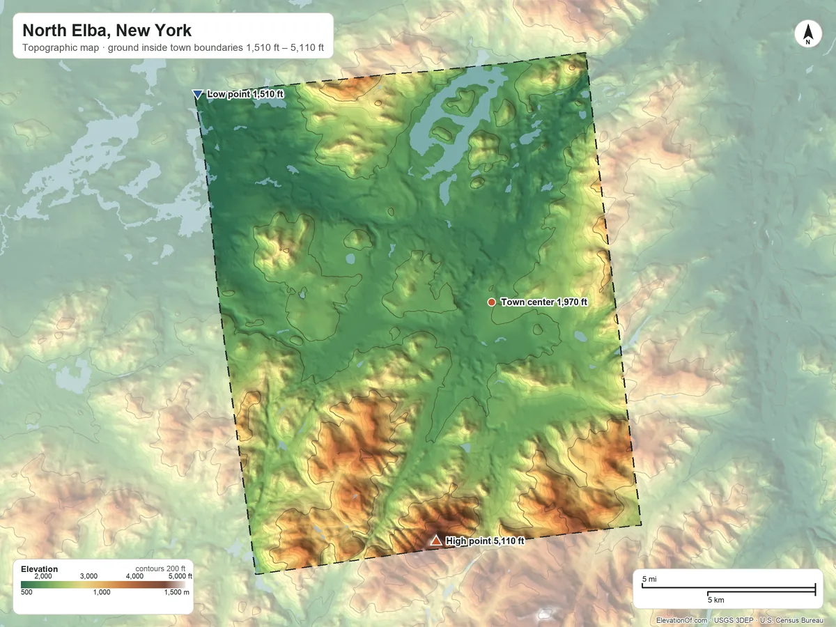 Topographic elevation map of North Elba, New York, shaded from 1,510 ft on the northwest side to 5,110 ft on MacIntyre Mountains