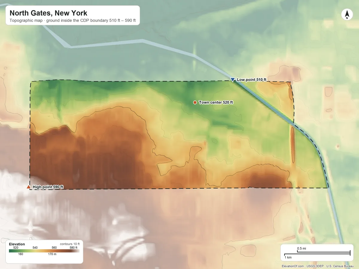 Topographic elevation map of North Gates, New York, shaded from 510 ft on the northeast side to 590 ft on the southwest side