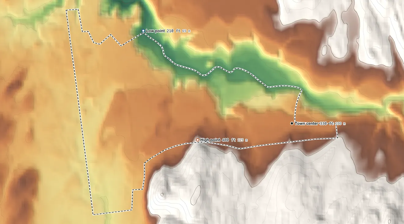 Topographic elevation map of North Granville, New York, shaded from 210 ft on the northwest side to 400 ft on the west side