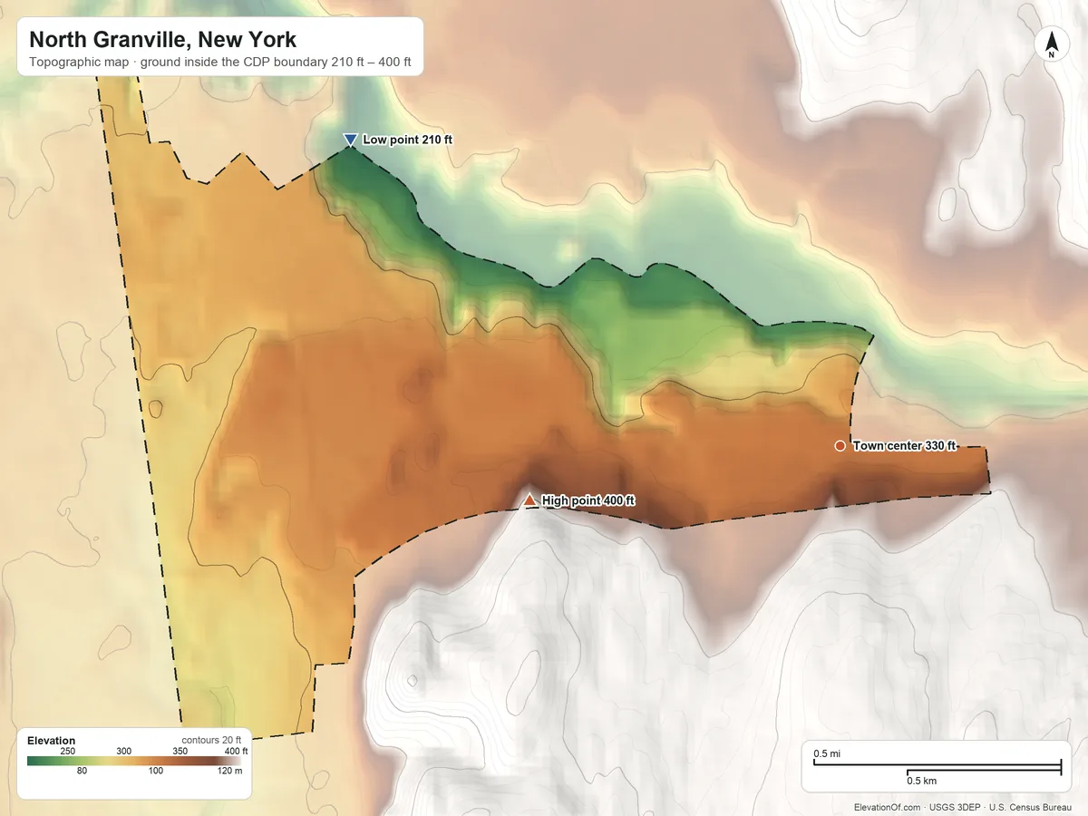 Topographic elevation map of North Granville, New York, shaded from 210 ft on the northwest side to 400 ft on the west side