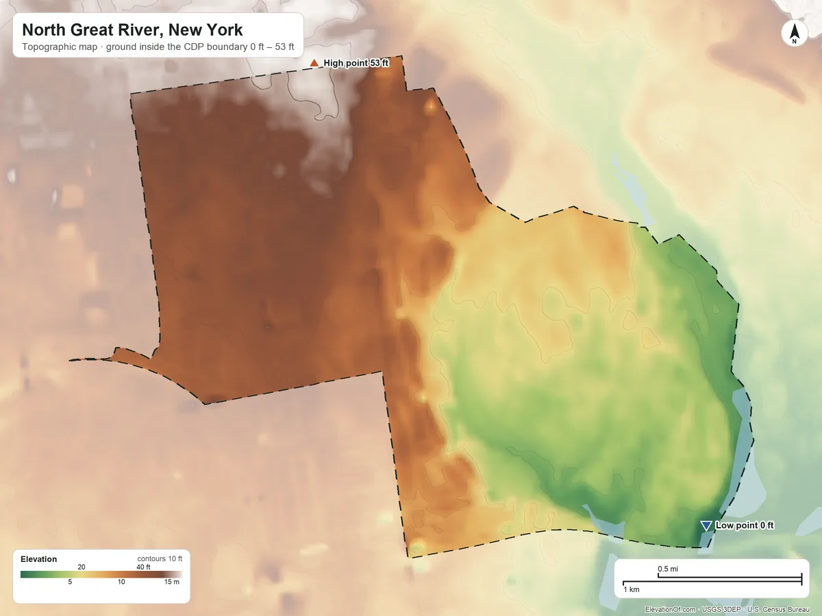 Topographic elevation map of North Great River, New York, shaded from 0 ft on the southeast side to 53 ft on the north side