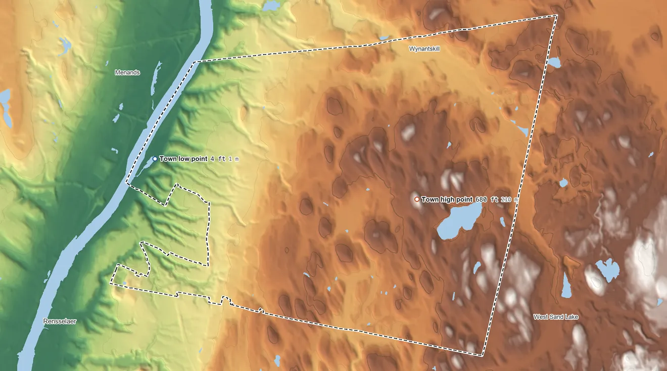Topographic elevation map of North Greenbush, New York, shaded from 4 ft on the west side to 680 ft near the middle