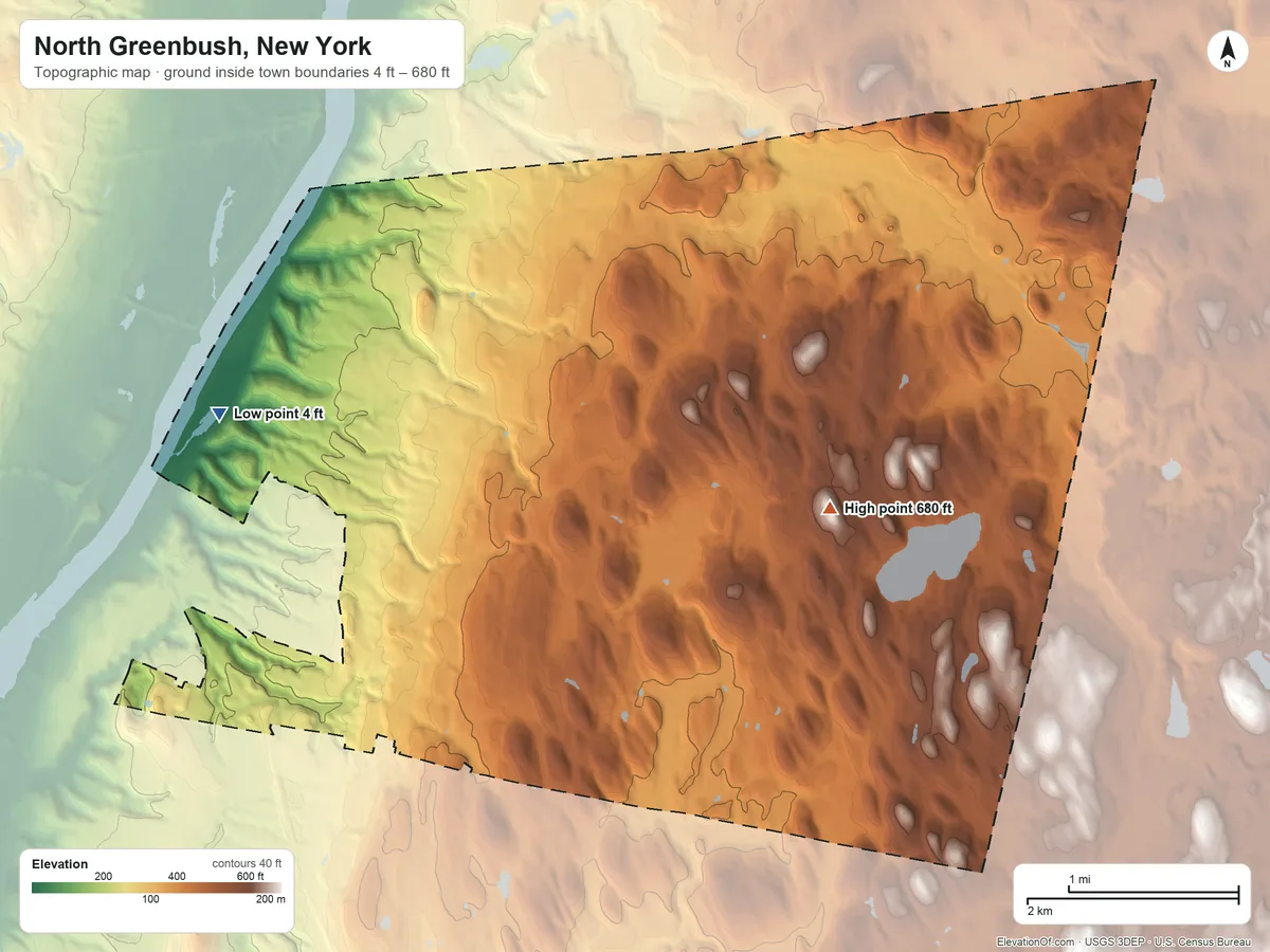 Topographic elevation map of North Greenbush, New York, shaded from 4 ft on the west side to 680 ft near the middle