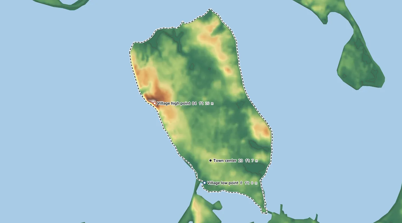 Topographic elevation map of North Haven, New York, shaded from sea level level on Sag Harbor Cove to 84 ft on the northwest side