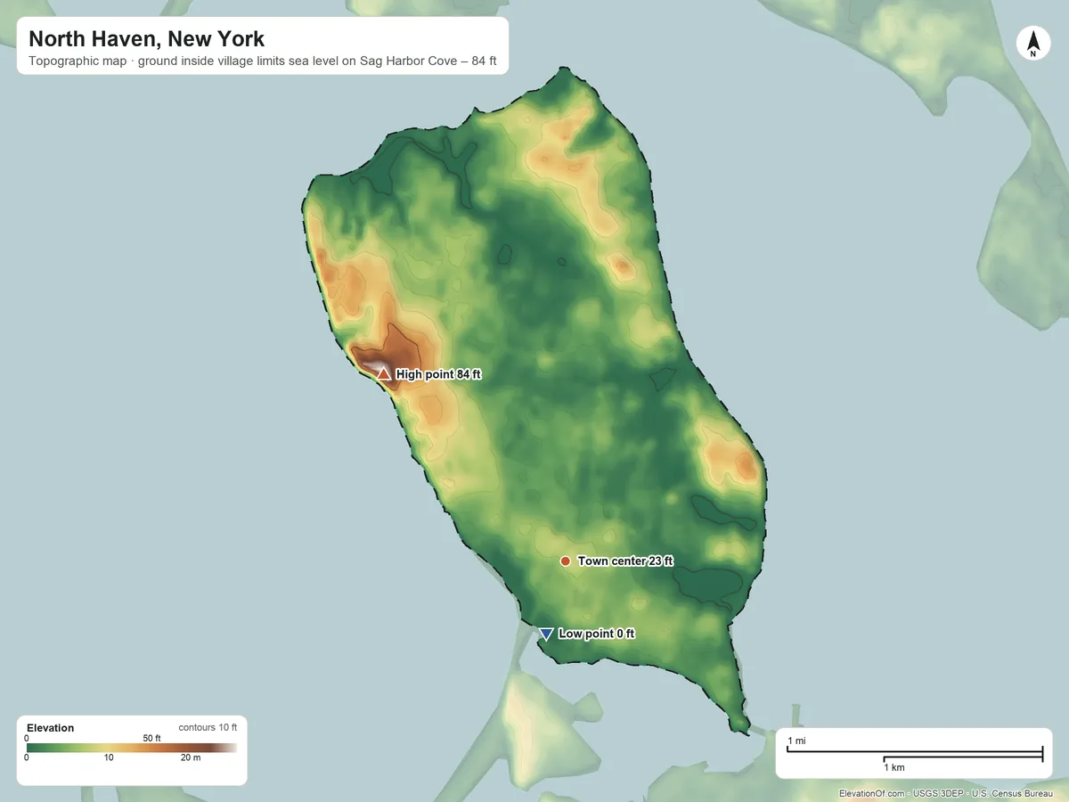 Topographic elevation map of North Haven, New York, shaded from sea level level on Sag Harbor Cove to 84 ft on the northwest side