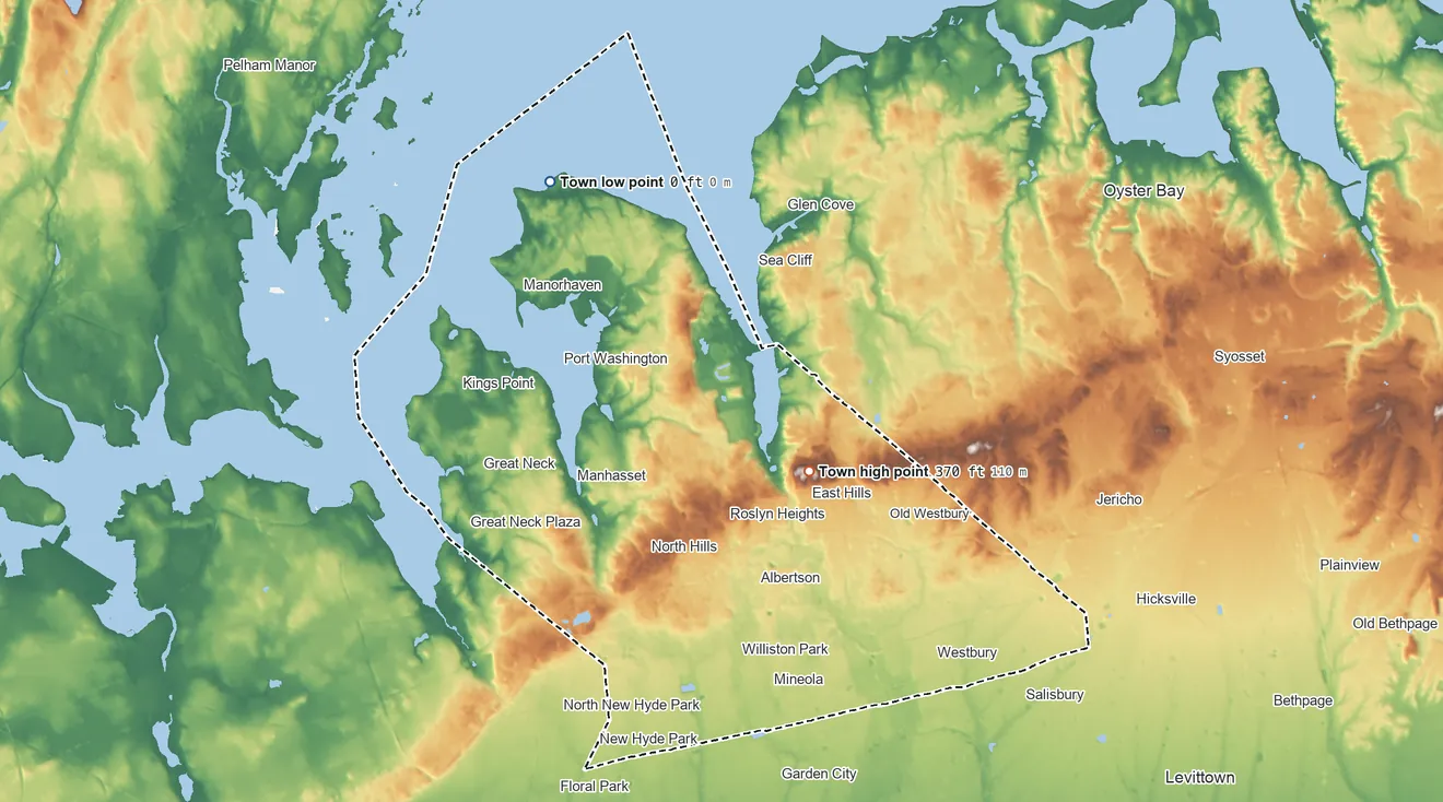 Topographic elevation map of North Hempstead, New York, shaded from sea level level on Long Island Sound to 370 ft on Harbor Hill