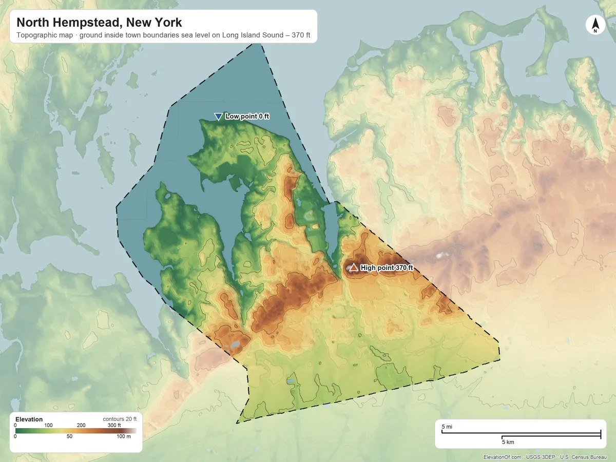 Topographic elevation map of North Hempstead, New York, shaded from sea level level on Long Island Sound to 370 ft on Harbor Hill