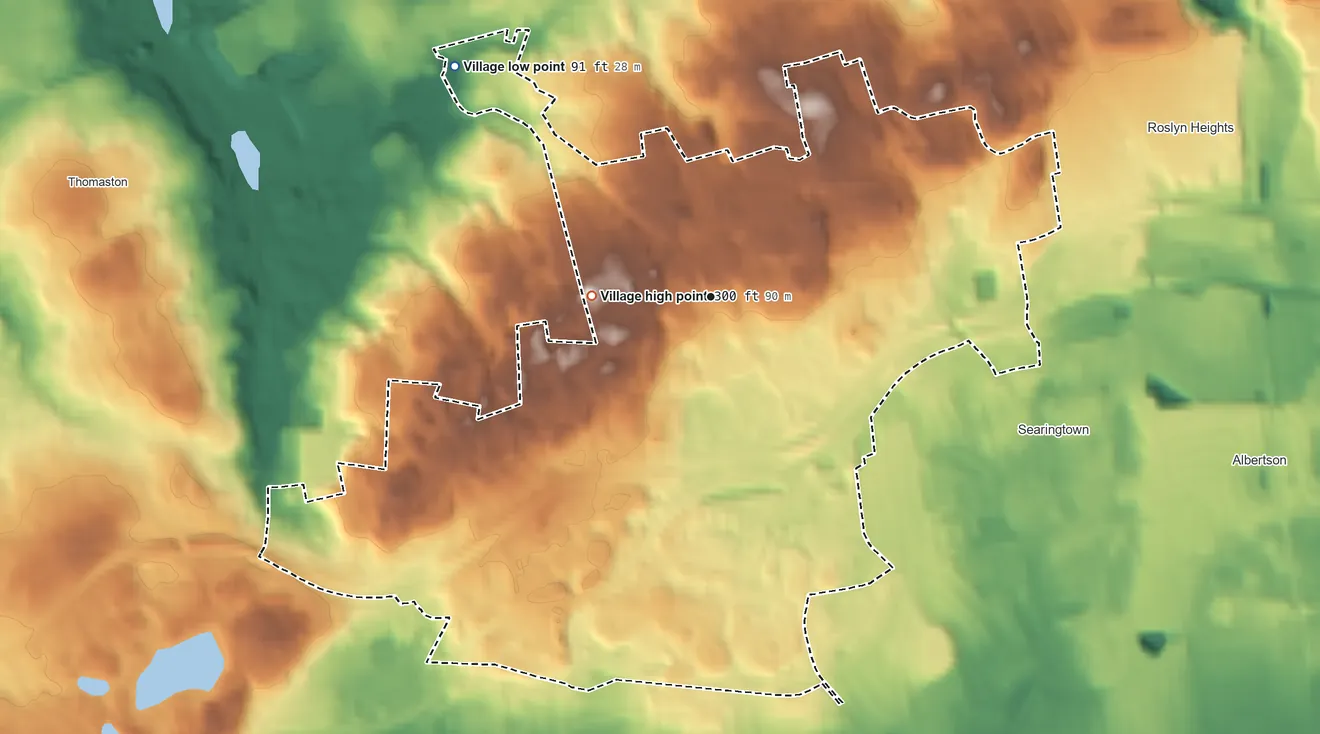 Topographic elevation map of North Hills, New York, shaded from 91 ft on the northwest side to 300 ft on the west side