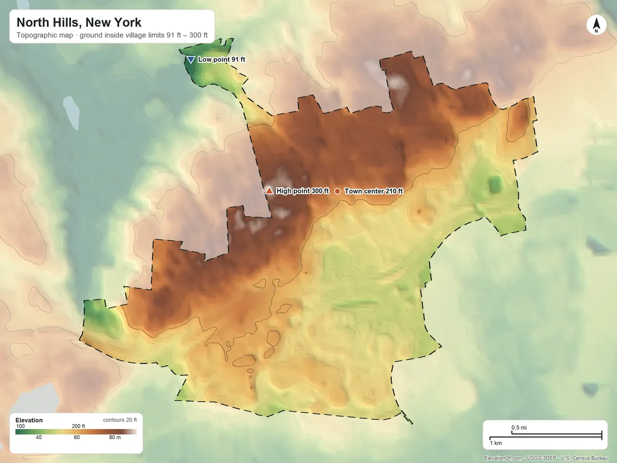 Topographic elevation map of North Hills, New York, shaded from 91 ft on the northwest side to 300 ft on the west side