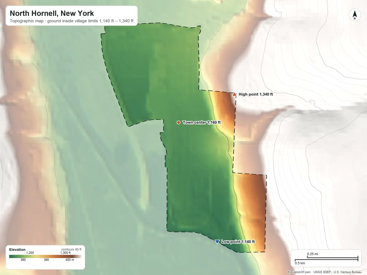 Topographic elevation map of North Hornell, New York, shaded from 1,140 ft on the south side to 1,340 ft on the northeast edge, below higher ground just outside
