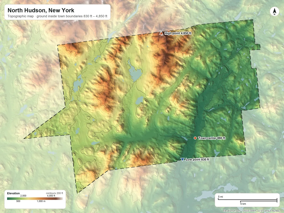 Topographic elevation map of North Hudson, New York, shaded from 830 ft near the middle to 4,850 ft on Dix Mountain