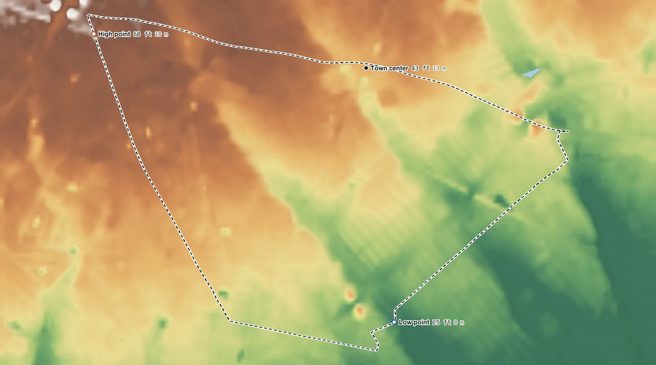 Topographic elevation map of North Lindenhurst, New York, shaded from 25 ft on the south side to 60 ft on the west side