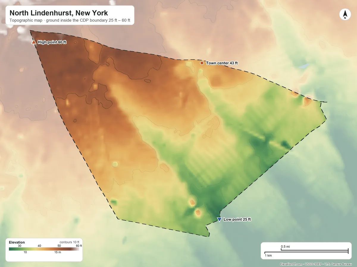 Topographic elevation map of North Lindenhurst, New York, shaded from 25 ft on the south side to 60 ft on the west side