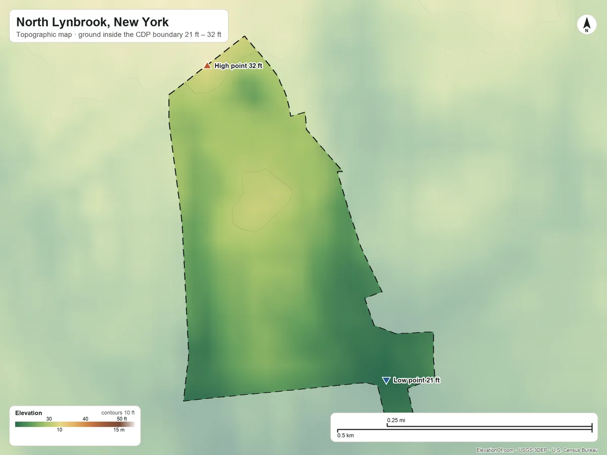 Topographic elevation map of North Lynbrook, New York, shaded from 21 ft on the southeast side to 32 ft on the north side
