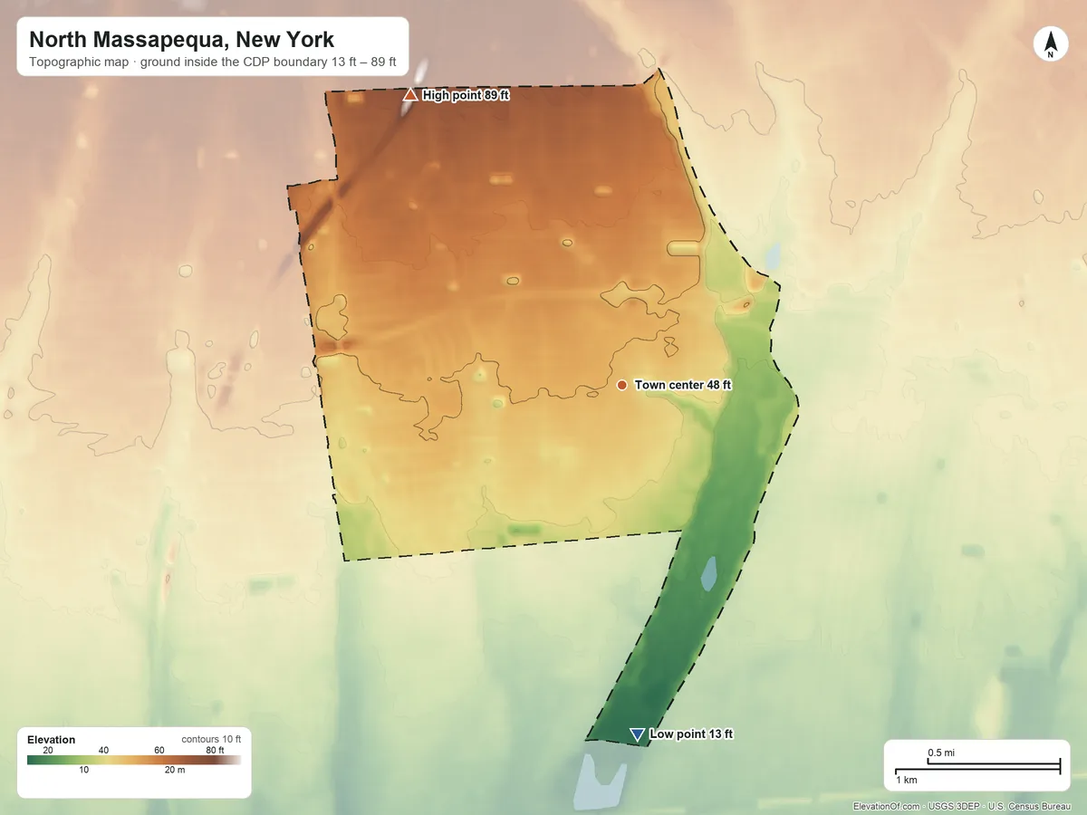 Topographic elevation map of North Massapequa, New York, shaded from 13 ft on the south side to 89 ft on the northwest side