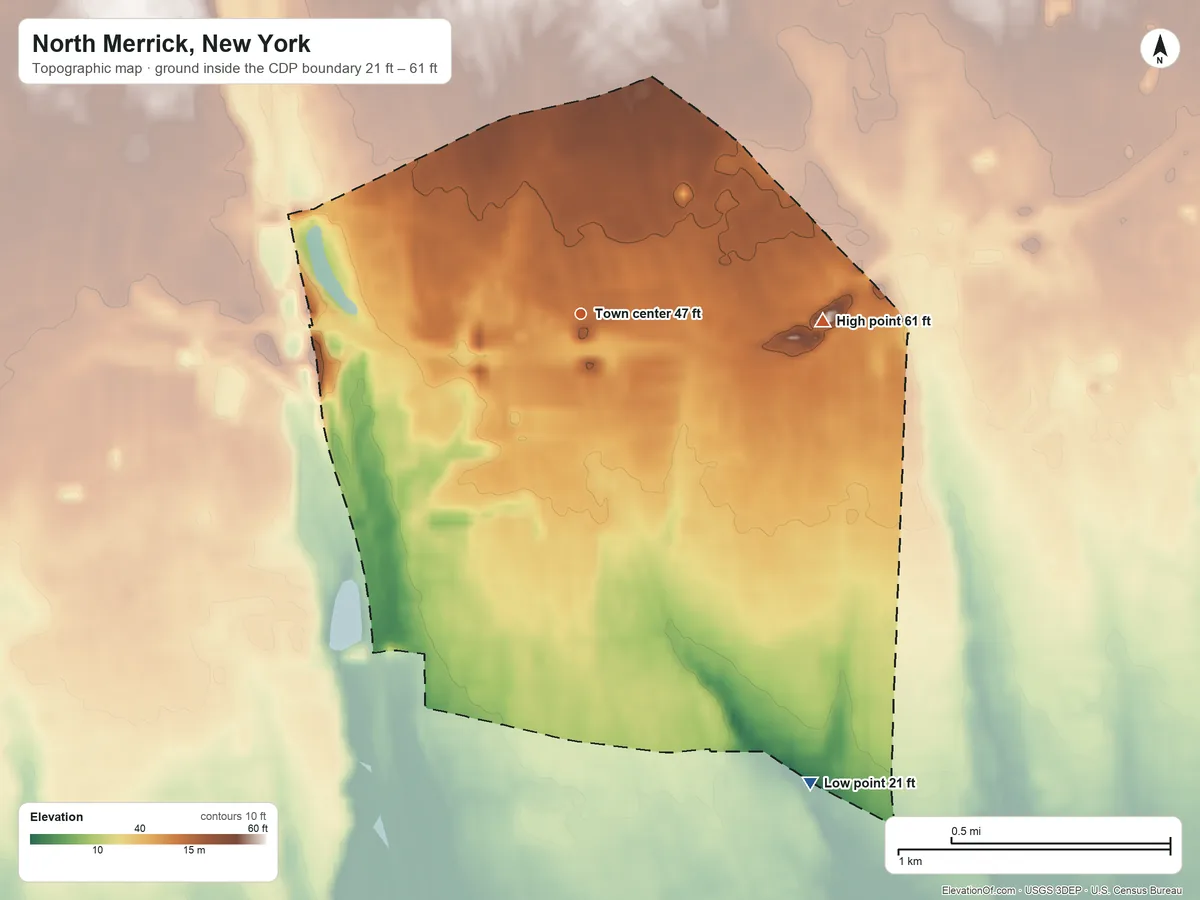 Topographic elevation map of North Merrick, New York, shaded from 21 ft on the southeast side to 61 ft on the east side